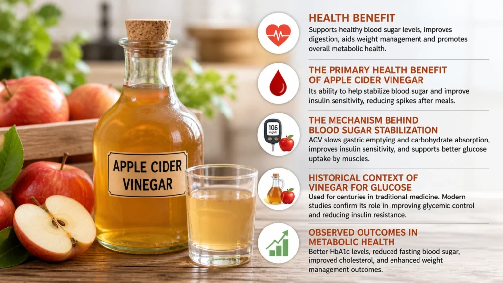 featuring a bottle of apple cider vinegar with fresh apples and a glass on a wooden table, alongside text sections explaining its primary health benefit, blood sugar stabilization mechanism, historical use for glucose control, and observed metabolic health outcomes.