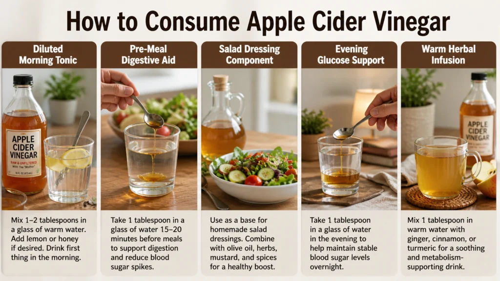 different ways to consume Apple Cider Vinegar, including a diluted morning tonic, pre-meal digestive drink, salad dressing preparation, evening glucose support drink, and a warm herbal infusion, each illustrated with a glass, bottle, and natural kitchen setting.