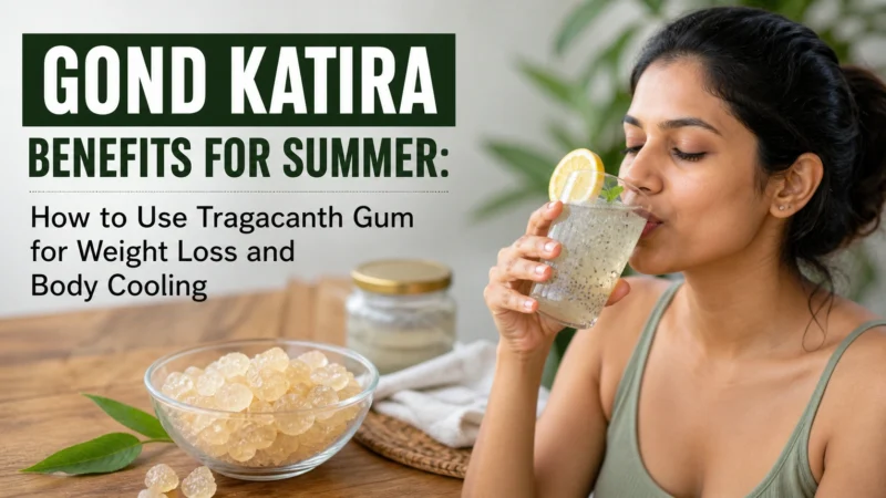 A refreshing summer thumbnail showing a woman drinking Gond Katira water, with natural ingredients and a clean, healthy background.