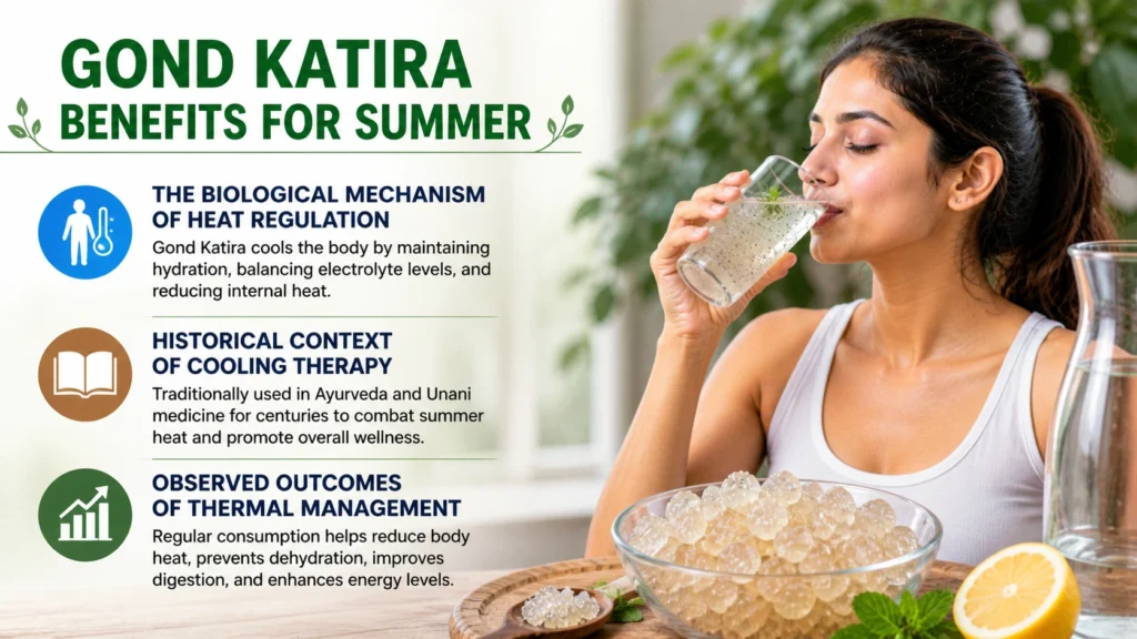 a woman drinking Gond Katira water in a fresh summer setting, with a bowl of soaked crystals and natural ingredients like lemon and mint. The layout highlights its cooling benefits, heat regulation, traditional use, and overall body wellness.