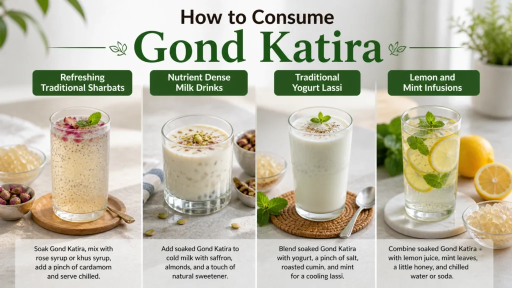 different ways to consume Gond Katira, including a refreshing sharbat, milk drink, yogurt lassi, and lemon mint infusion, arranged on a clean summer table with natural ingredients.
